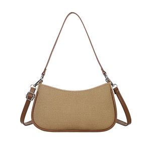 Retro khaki canvas crescent hobo bag with brown leather trim and silver chain strap
