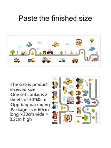 Detailed size guide for construction vehicle and airplane wall stickers with dimensions