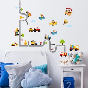 Cartoon construction vehicle wall stickers set with airplane, truck and road tracks for kids