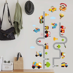 Nursery wall stickers featuring cartoon road signs, construction trucks and airplanes
