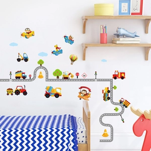 Detailed wall scene of cartoon construction vehicles and planes wall stickers in a kids room
