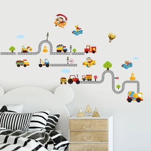 Cartoon construction vehicle wall stickers with road tracks and airplanes for kids room