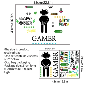 Detailed view of gamer wall stickers with dimensions 58x43cm and pixelated game icons