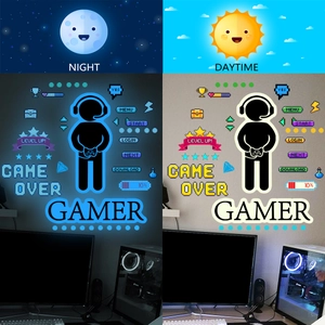 Detailed view of luminous pixel gamer wall stickers showing day and night glowing effects