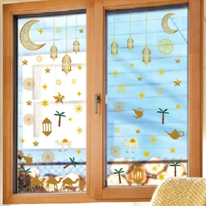 Ramadan Fensterbilder mit goldenem Mond, Laternen und Kamel-Silhouette Dekor