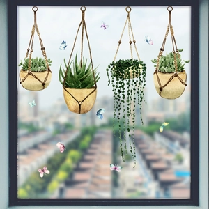 Watercolor potted plant and butterfly window static stickers for home decoration