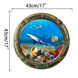 Detail of 3D submarine porthole wall sticker showing a shark and colorful coral reef