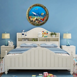 3D submarine porthole wall decal showing sharks and coral reefs in a living room