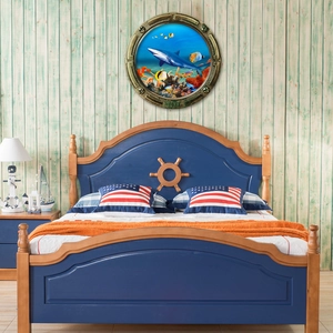 Detailed view of 3D submarine porthole wall decal showing shark and reef in bedroom