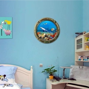 Detailed view of a 3D ocean shark porthole wall sticker with a bronze submarine frame