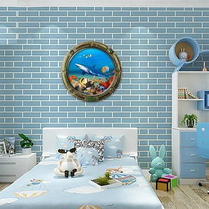 3D submarine porthole wall sticker with shark and coral reef for bedroom decoration