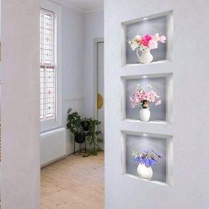 Three-piece modern square wall niche set with built-in LED lighting for home art display