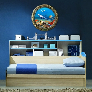 Detailed 3D submarine window wall sticker featuring sharks and coral reef world