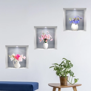 Set of 3D window effect floral wall stickers with flower vases for living room decor