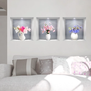 3D floral window wall stickers with three blooming flower vases for home wall decor