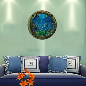 Detailed 3D underwater porthole wall sticker with dolphins and coral reef in living room