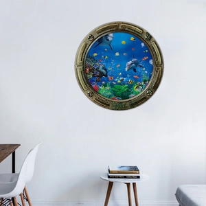 Detail of 3D submarine porthole wall sticker with ocean dolphins and coral reef scene