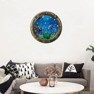 Detail of 3D submarine porthole wall sticker featuring dolphins and colorful tropical fish