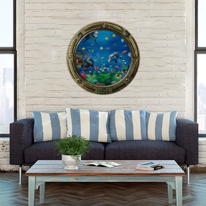 Detail of 3D submarine porthole wall sticker showing dolphins and coral reef scene