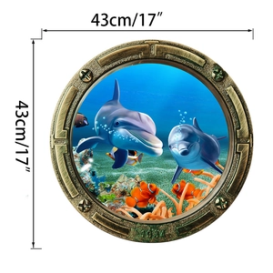 3D submarine porthole wall sticker with dolphins and coral reef scene, 43cm diameter