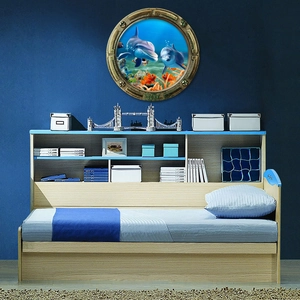3D porthole wall sticker with dolphins and clownfish for bedroom ocean wall decor