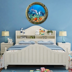 3D submarine porthole wall sticker with vibrant dolphins and coral reef in a bedroom