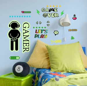 Luminous pixel gamer wall sticker set with controller and game over theme for bedroom