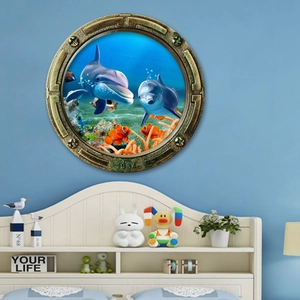Detailed 3D submarine porthole wall sticker showing vivid dolphins and ocean coral reef