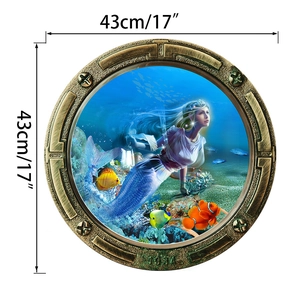 Detail of 43cm vintage submarine porthole wall sticker with mermaid and coral reef