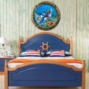 3D submarine porthole wall sticker featuring mermaid and coral reef in a bedroom setting