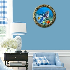 Detail of 3D submarine porthole wall decal with mermaid scene and vintage 1894 bronze frame