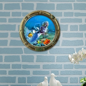 Detail of 3D submarine porthole wall sticker with mermaid and tropical fish underwater