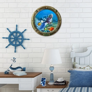 3D submarine porthole wall sticker featuring mermaid and tropical fish in kids bedroom