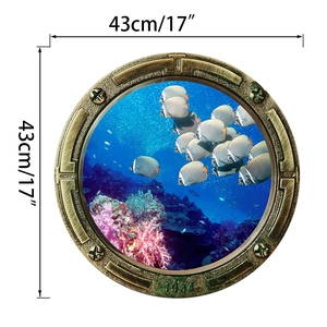 Detail of 43cm submarine porthole wall decal with 3D ocean fish and coral reef scene