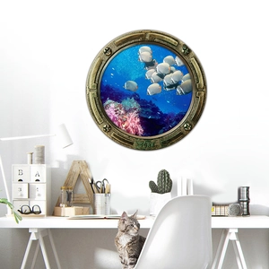 Detailed view of a 3D submarine porthole wall sticker with tropical fish and coral reef
