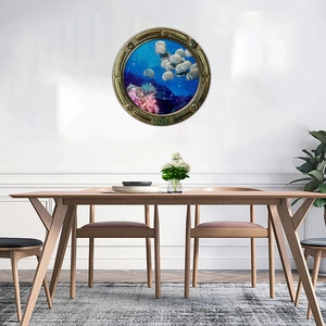 Detailed 3D submarine porthole wall sticker showing tropical fish and coral reef scene