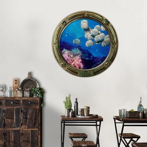 3D porthole wall decal featuring vintage bronze frame and vibrant coral reef fish scene