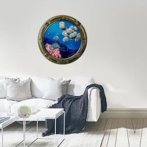 Detail of 3D submarine porthole wall sticker featuring coral reef and tropical fish