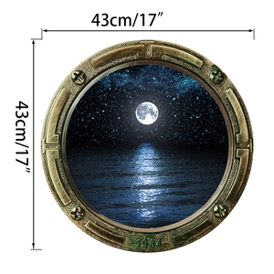 Detail of 3D submarine porthole wall sticker with moonlit sea view and 1934 relief
