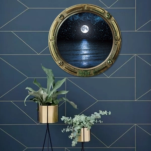 Macro shot of 3D porthole wall sticker with vintage brass frame and moonlit ocean view
