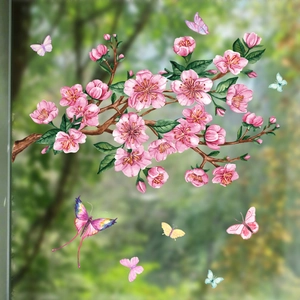 Adesivi per finestre in acquerello con fiori di prugno rosa e farfalle colorate