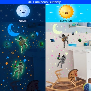 Luminous astronaut and planet wall stickers showing day and night glowing effect