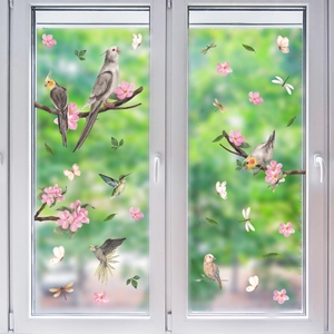 Double-sided watercolor bird and floral static window clings for home decoration