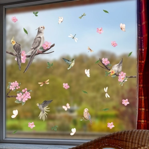 Watercolor Birds Peach Blossom Flower Static Cling Window Stickers Double Sided Glass Decals For Home Decor Removable Living Room