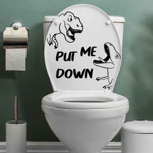 Creative dinosaur toilet lid sticker with Put Me Down slogan for bathroom decor