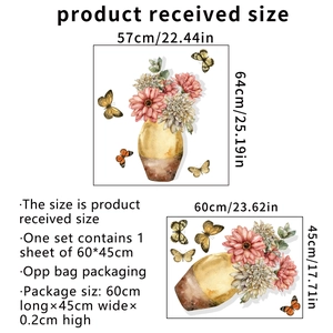 Watercolor flower vase and butterfly wall decal set with layout and finished size details