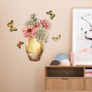 3D watercolor flower vase wall decals with daisy and butterflies for living room decor