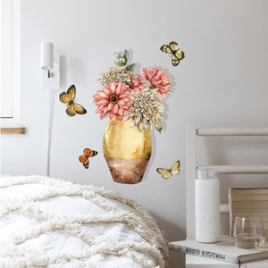 Artistic watercolor flower vase wall decals with butterflies in a cozy bedroom scene