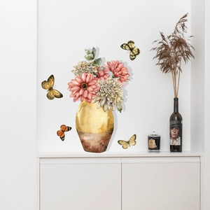Detail of watercolor vase wall decal with floral motifs and colorful butterflies