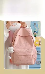 Zaino scolastico in nylon rosa con stampe di stelle argentate e ciondolo a nuvola di peluche